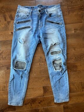 Miss Me Light Blue Distressed Zip-Detail Jeans